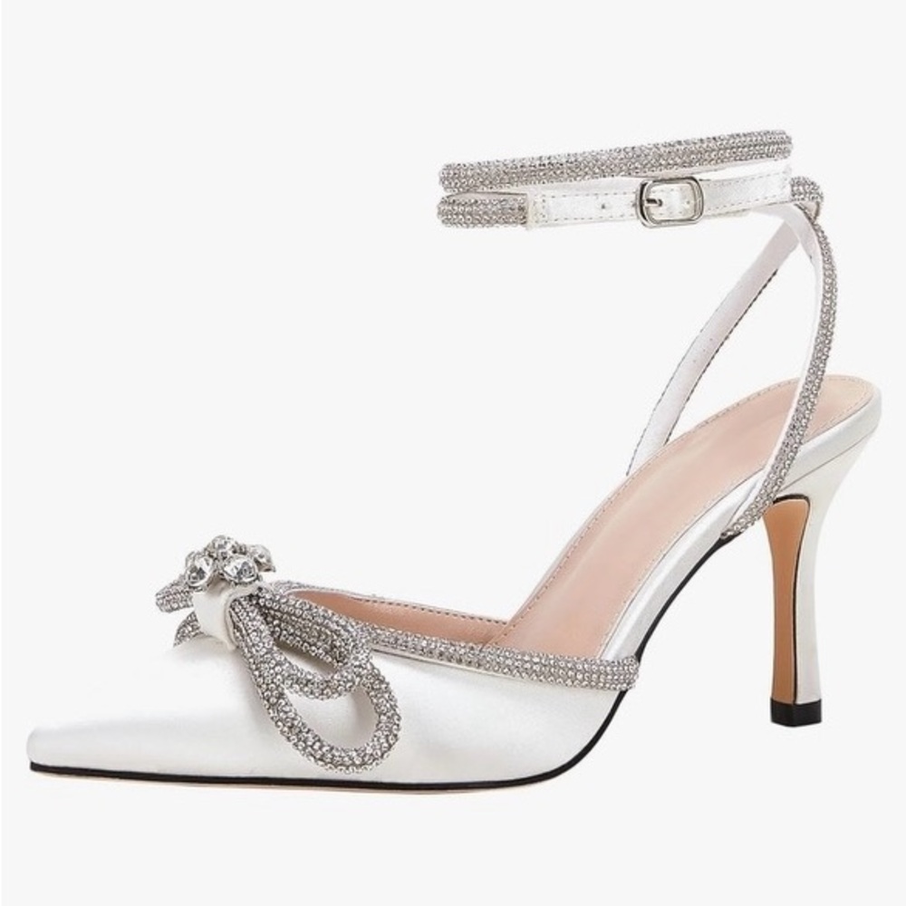 White Satin Crystal Bow Heels